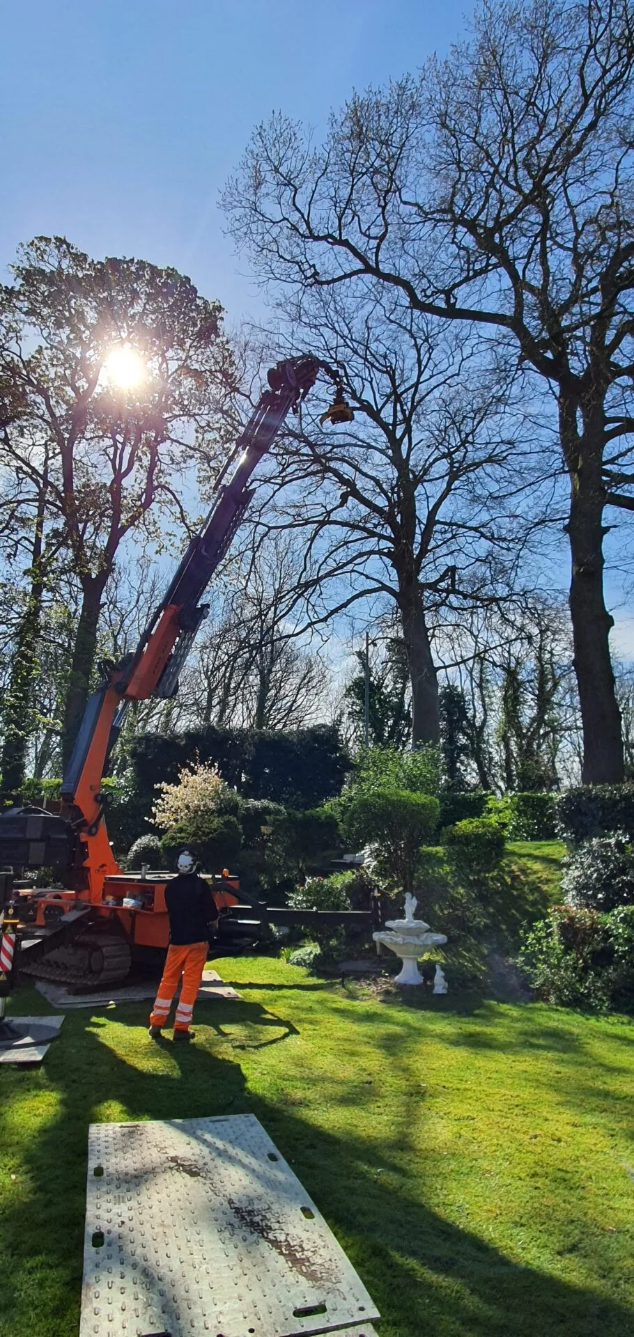 30m tracked crane with saw-grapple attachment beginning dismantling a large hollow beech tree in a private garden beside the A626
